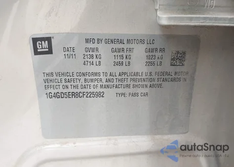 2012 Buick Lacrosse Premium 1 Group из США, поврежденный, VIN 1G4GD5ER8CF225982